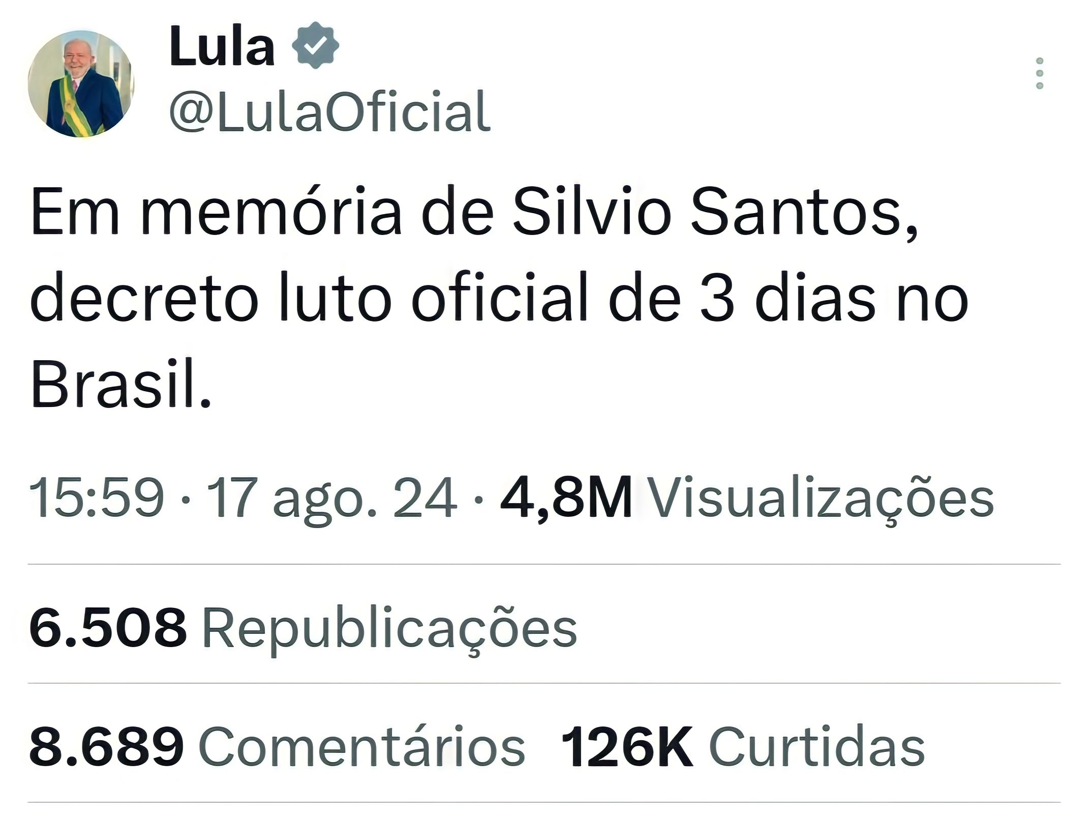 Você está visualizando atualmente Lula decreta luto pela morte de Silvio Santos