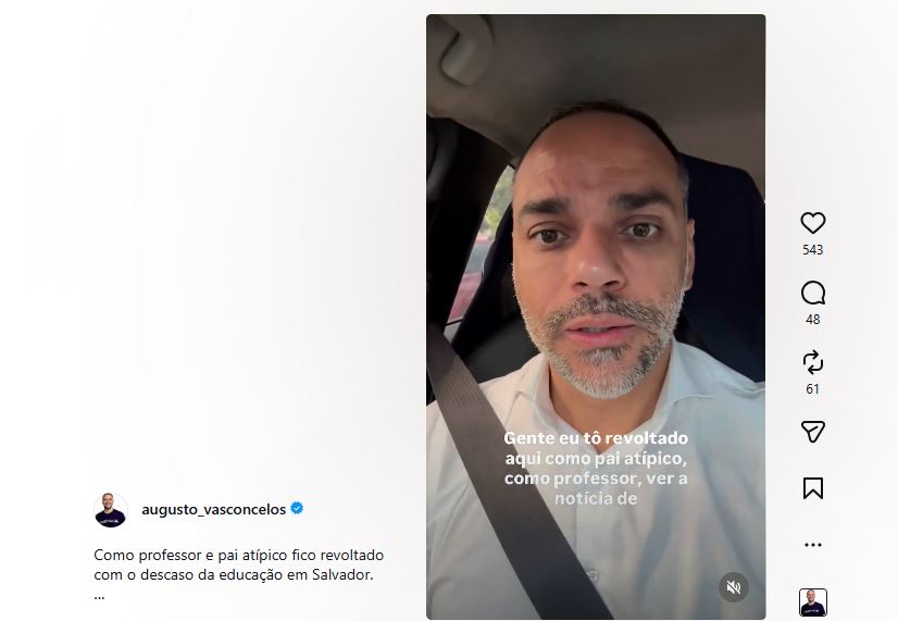 “Descaso com o dinheiro público”: Augusto Vasconcelos critica cancelamento de escola para crianças autistas em Salvador