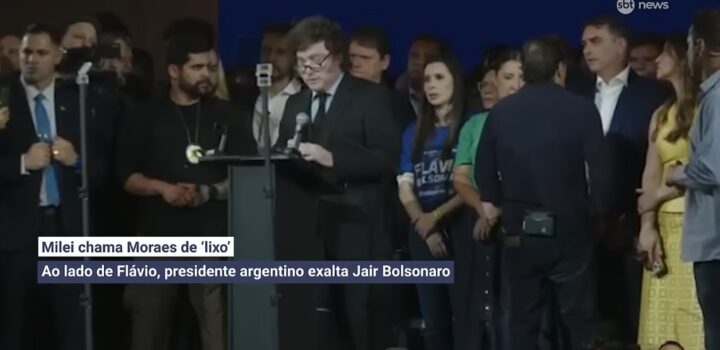 Milei participa de lançamento da candidatura de Flavio, ofende Moraes e gera incidente diplomático