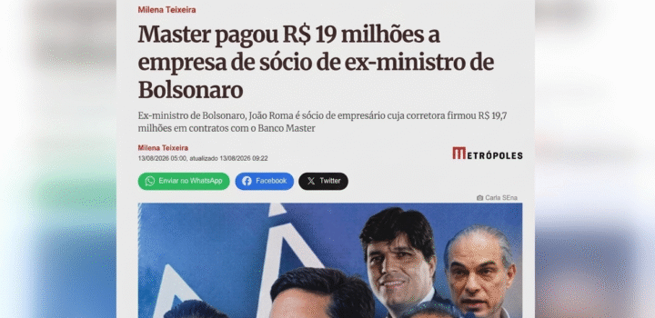 Banco Master pagou R$ 19,7 mi a empresa ligada a sócio de João Roma, afirma site Metrópoles