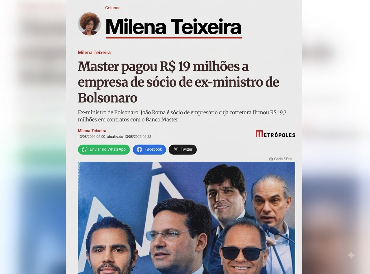 Banco Master pagou R$ 19,7 mi a empresa ligada a sócio de João Roma, afirma site Metrópoles